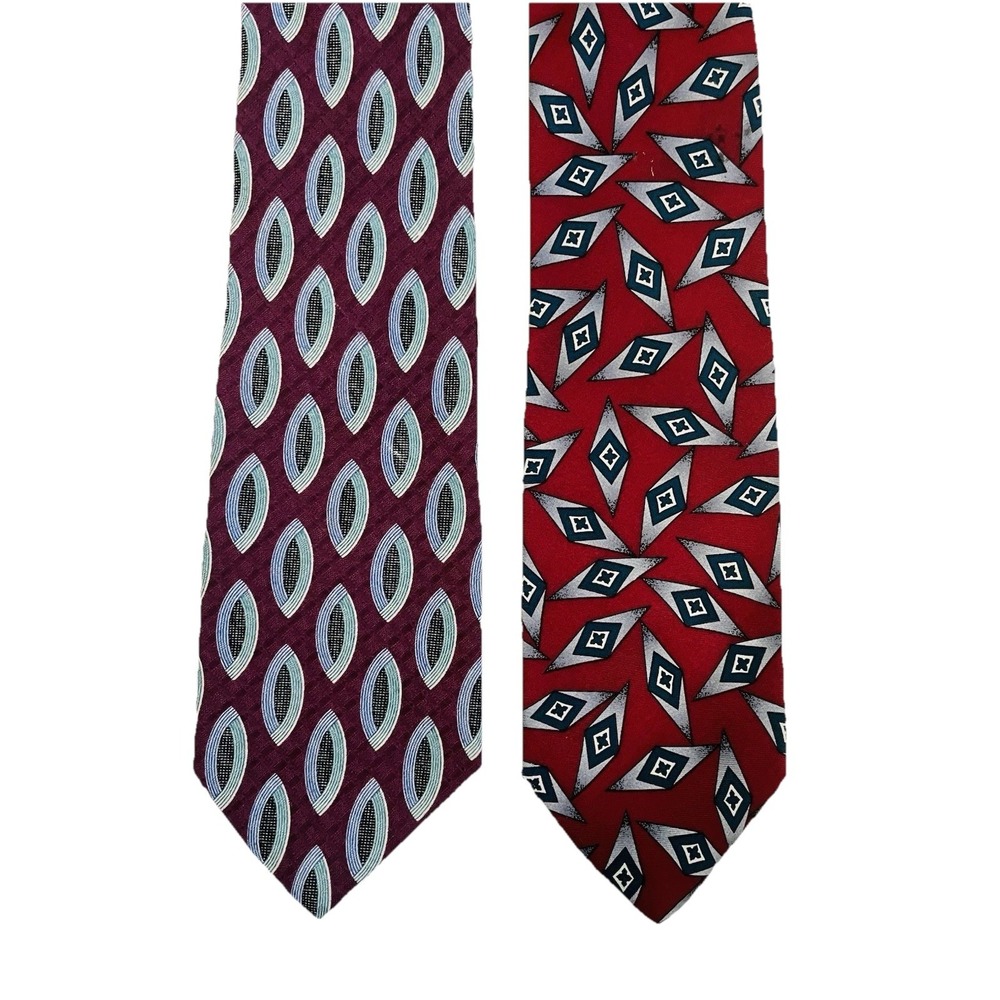 2‎ Patrick James Silk Hand Sewn Burgundy Oval & Red Geometric Diamond Men's Ties